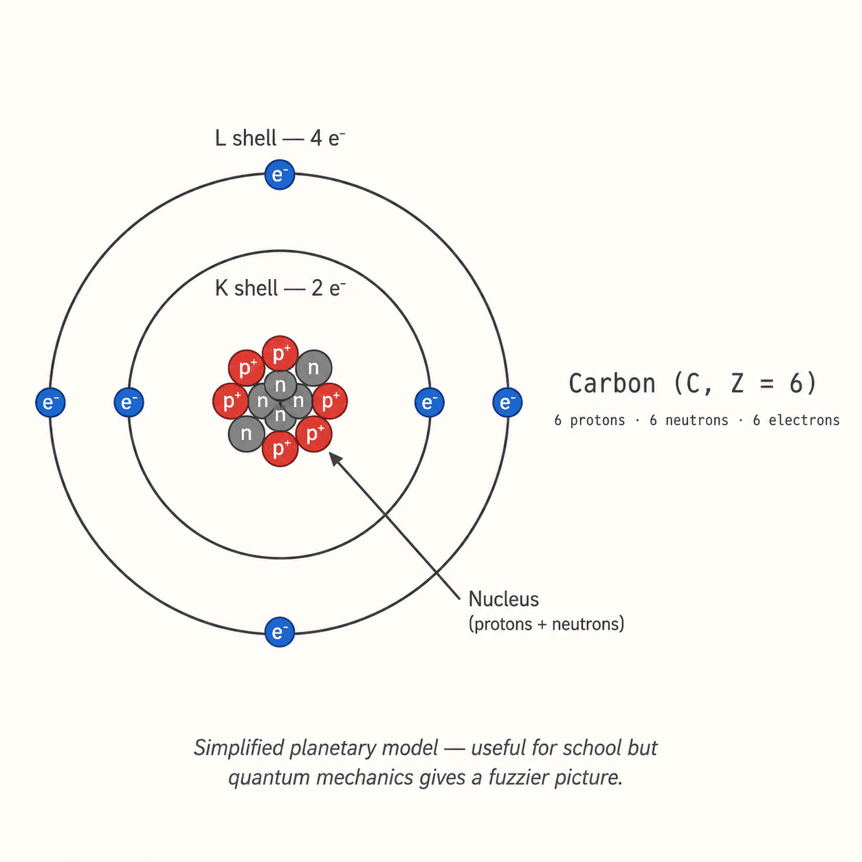 Simplified atom model showing nucleus and electrons