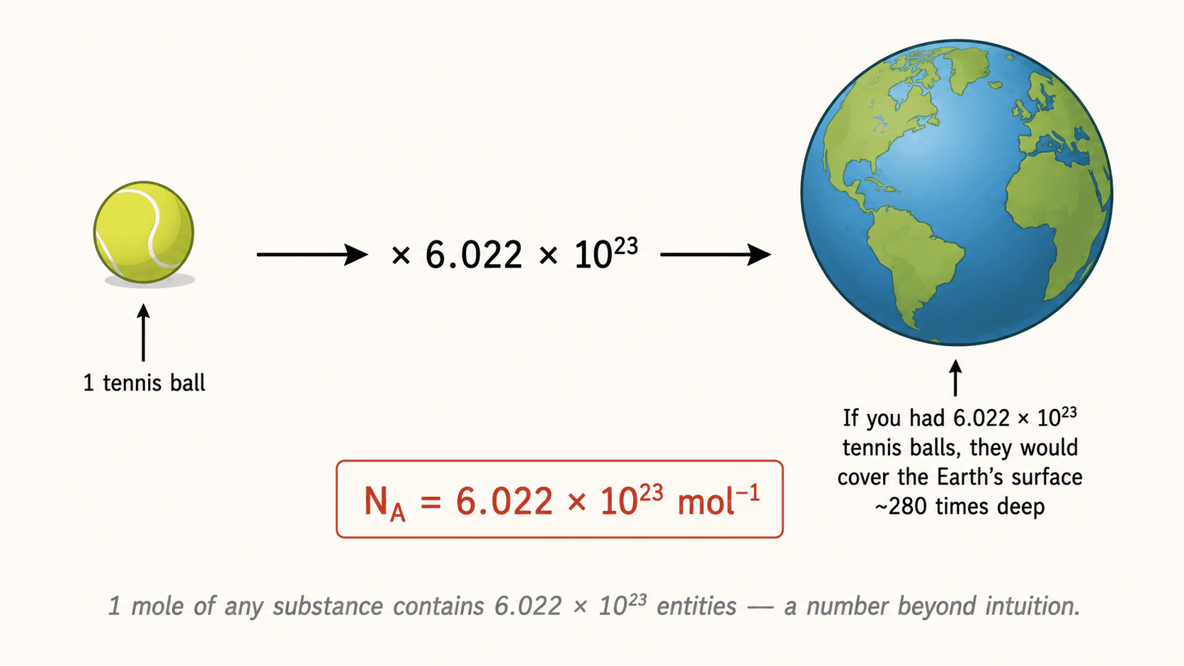 Illustration of Avogadro's number with tennis balls for scale
