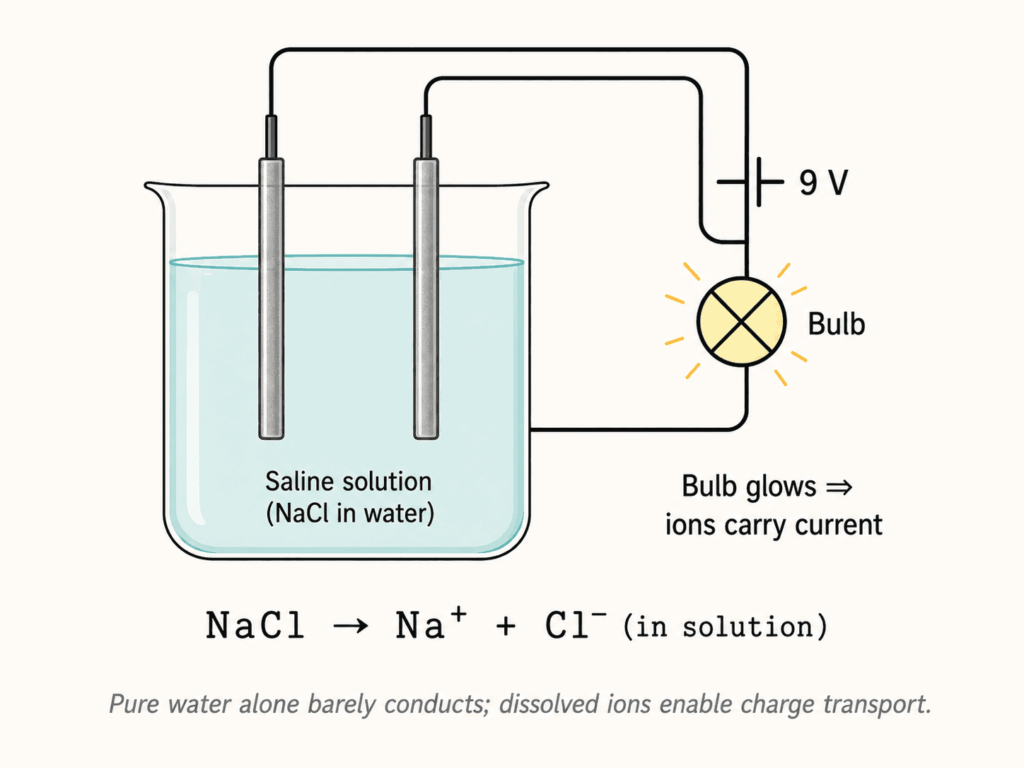 Conductivity test circuit with electrodes and bulb