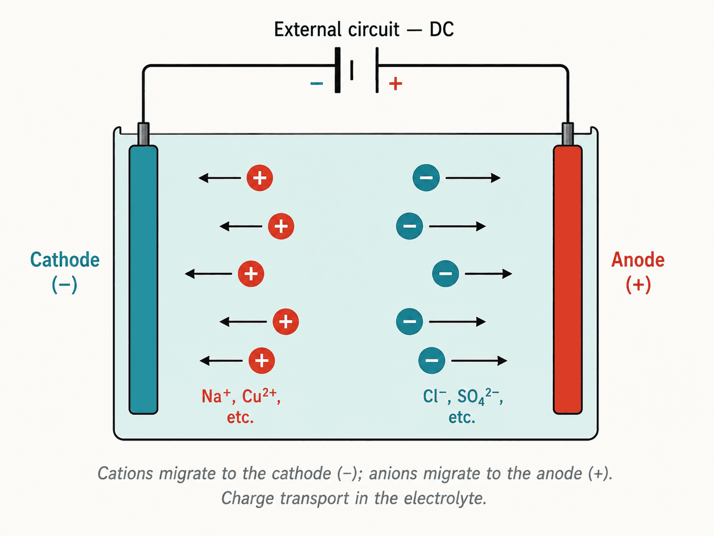 Cation/anion migration toward electrodes