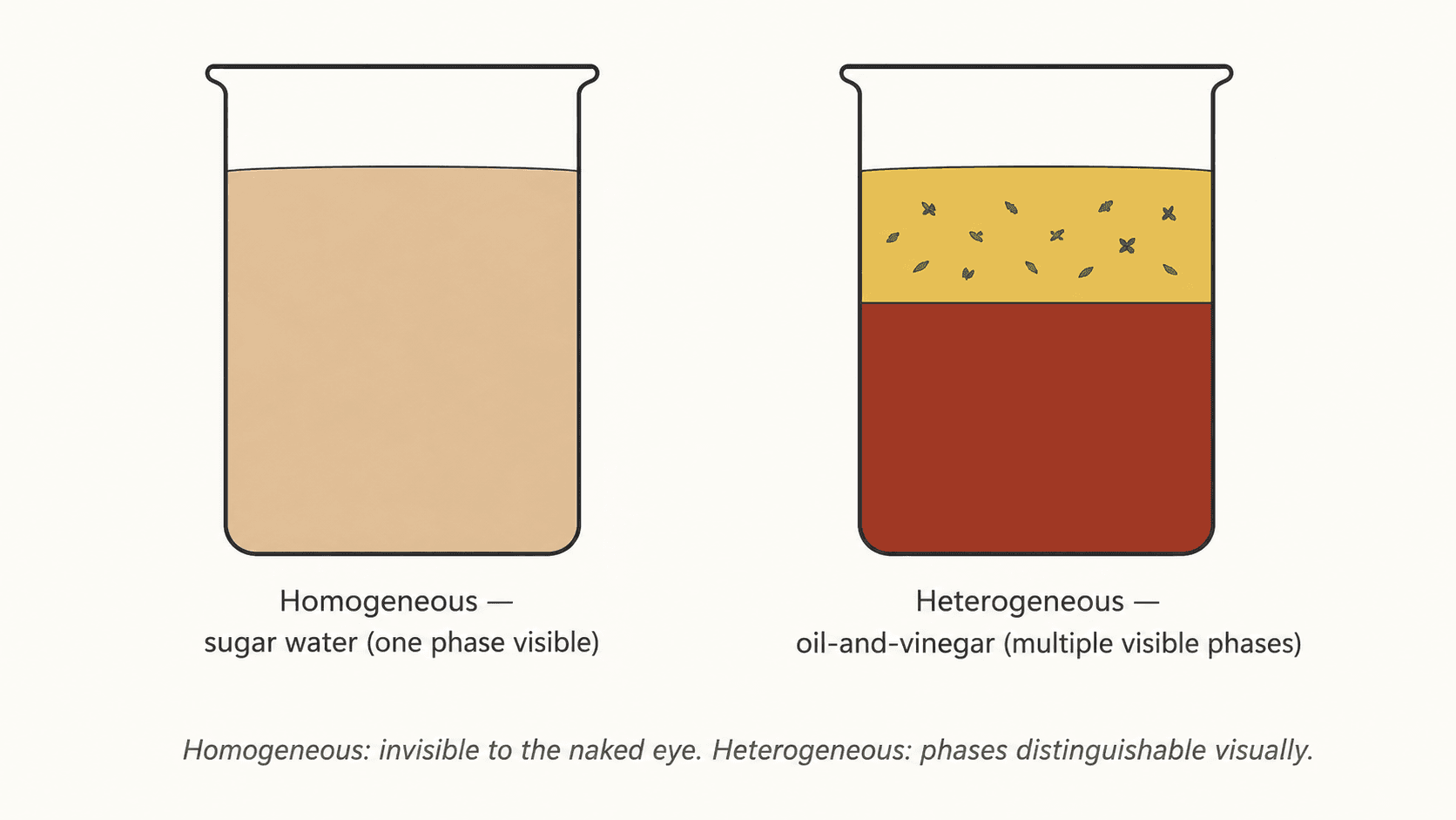 Verre d'eau sucrée (homogène) à côté d'un verre de vinaigrette (hétérogène)