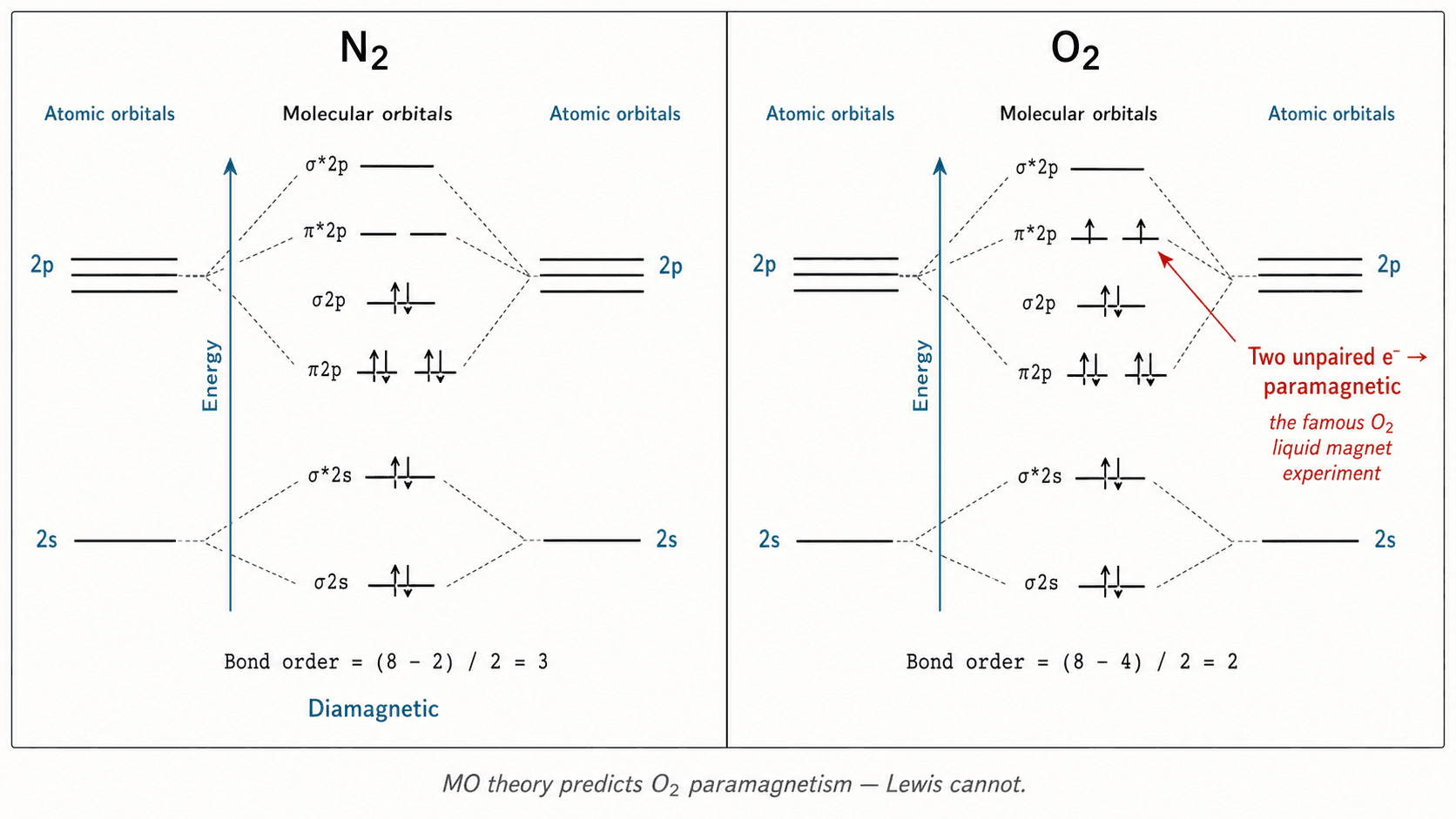 MO diagram for N₂ and O₂ (second period)