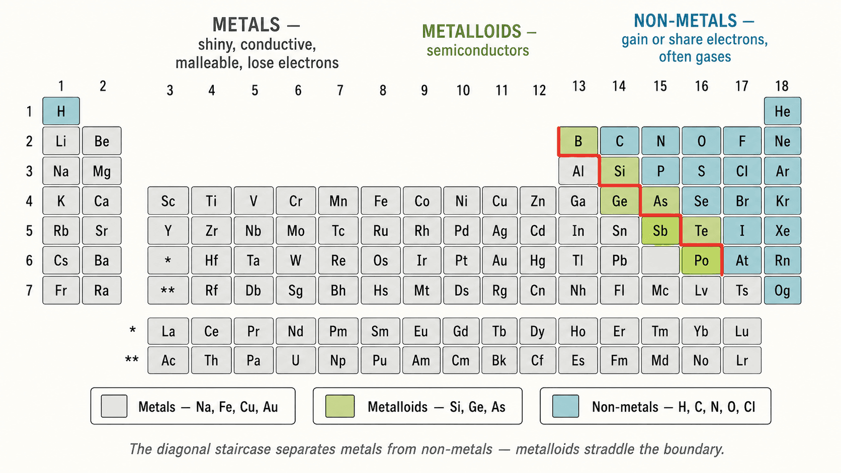 Zones métaux / métalloïdes / non-métaux dans le tableau