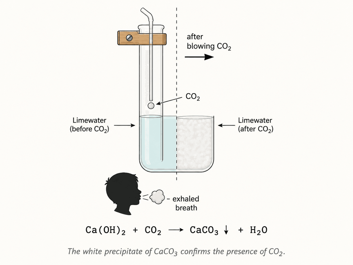 Limewater test with CO₂ bubble turning the solution cloudy