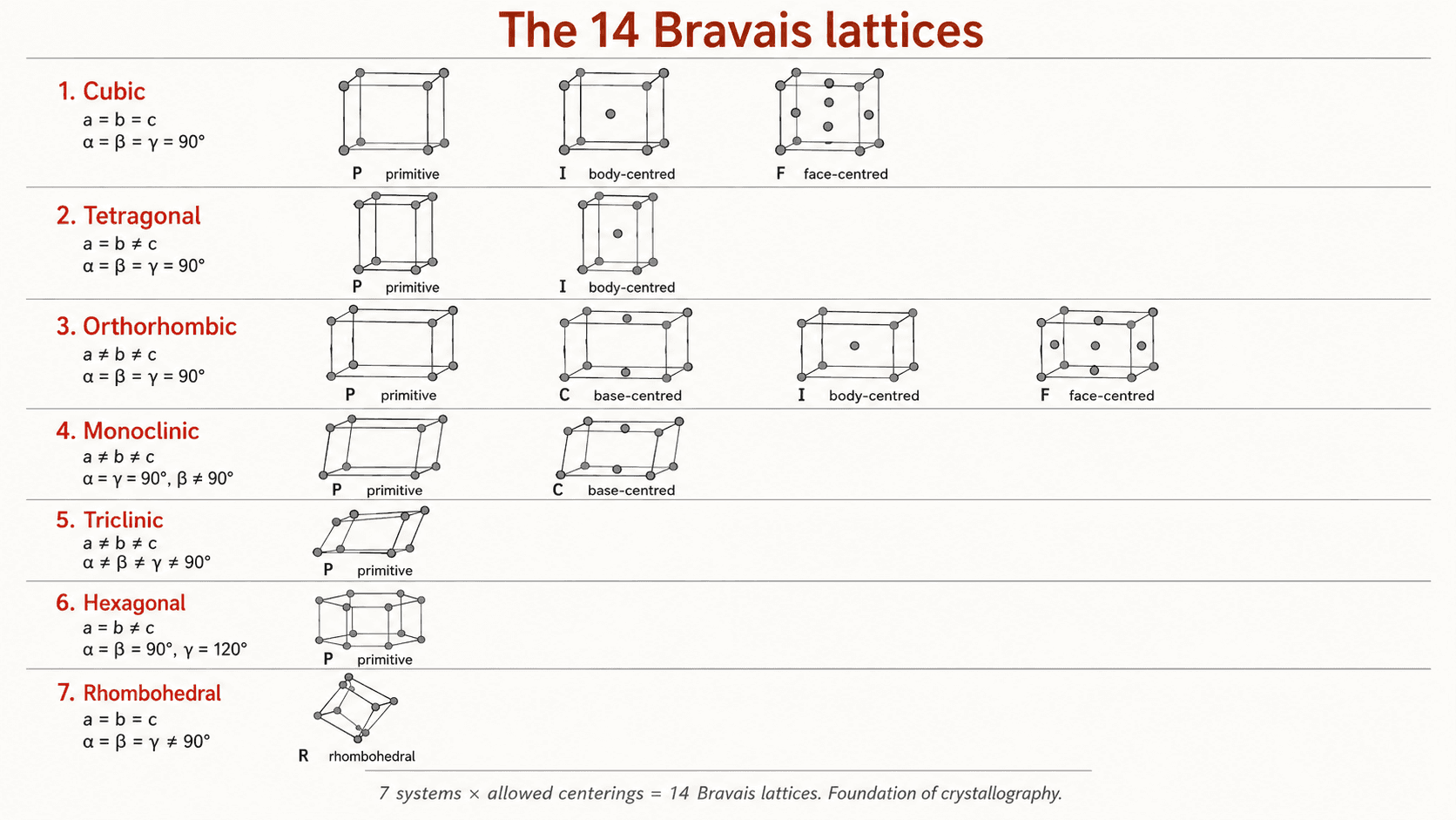 Les 7 systèmes cristallins et les 14 réseaux de Bravais
